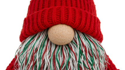 Whimsical christmas gnome with multicolored yarn beard and red knit hat closeup view