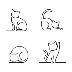 Vector illustration of a collection of minimalist cat line art poses in black and white for creative projects