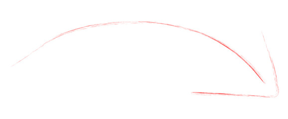 Hand drawn red arrow curve points down and right with chalk texture for directional emphasis and design elements