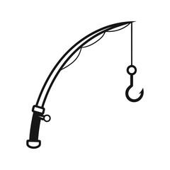 Silhouette icon of fishing rod with hook, curved pole simple black vector illustration