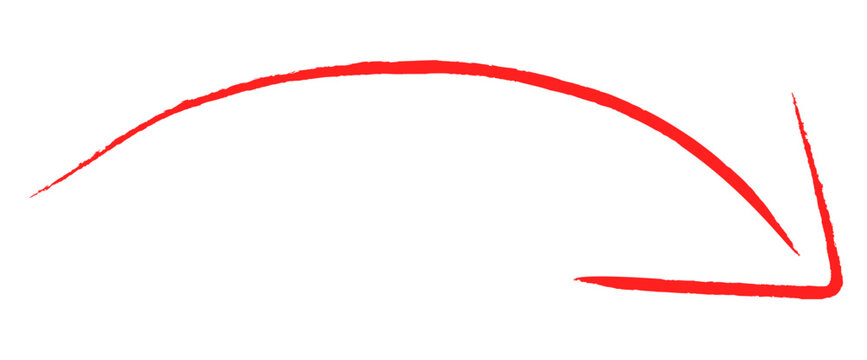 Bold red brush stroke arrow curves downward indicating direction, progress, or a call to action, perfect for highlighting trends or strategies.