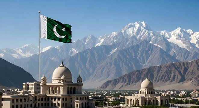 The pakistani flag waves proudly over hunza, set against a backdrop of majestic mountains and clear blue skies