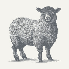 Detailed black and white illustration of a sheep, perfect for vintage designs.