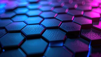 Hexagonal Patterned Mesh Illuminated With Blue And Pink Neon Lights Creating a Futuristic Digital Abstract Backdrop