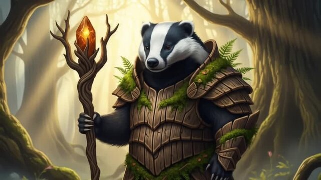 Magical Badger Druid in Forest with Staff, Fantasy Illustration, Nature's Guardian, Woodland Creatur