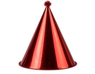 “Red Cone-Shaped Party Hat with Glossy Surface, Isolated on Transparent Background”.