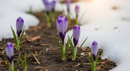 Purple Crocus Flowers in Spring Snow
