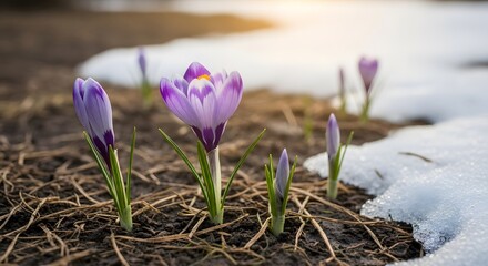Purple Crocus Flower Growing in Spring Season