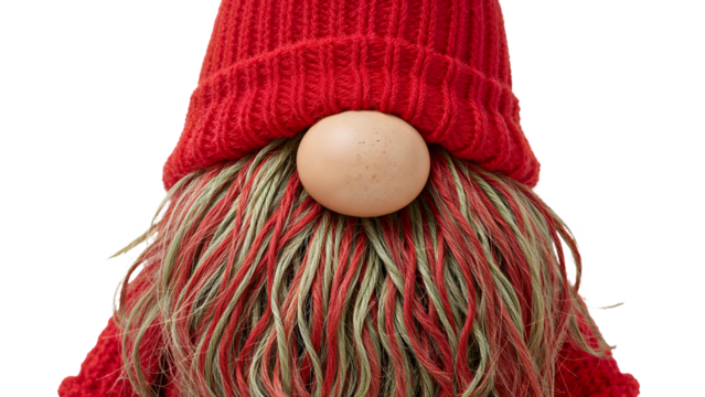 Charming redhatted gnome with colorful yarn beard and wooden nose against isolated background