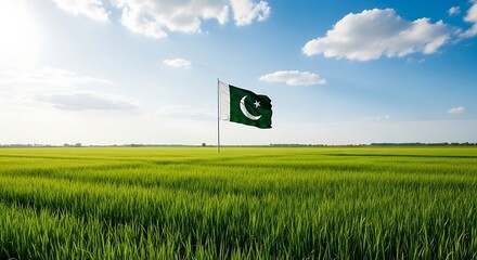 The flag of pakistan waves in the wind over a vibrant green field, set against a backdrop of a clear blue sky with scattered clouds