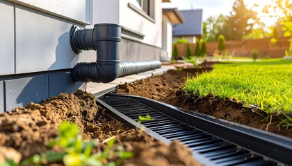 Installation of drainage system in a garden with green lawn and modern architecture, focused on