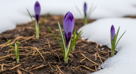 Purple Crocus Flowers Emerging in Spring Snow