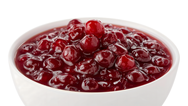 Delicious cherry compote in white bowl on isolated background  sweet, tasty and fresh fruit dessert
