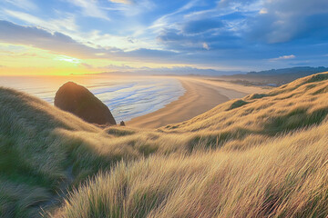 Golden dune grasses overlook ocean and distant shore