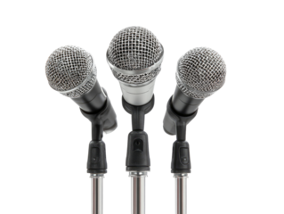 Three microphones on stands, close-up view