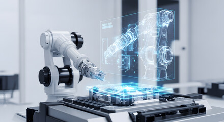 Industrial robotic arm assembling a computer circuit board with an augmented reality hologram, a futuristic concept for smart factory automation and AI manufacturing.