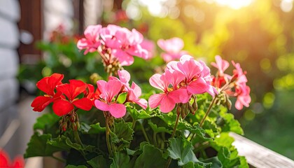 Close Up Of Red And Pink Geranium Flowers Blooming In A Spring Garden with Green Foliage and Sunlight