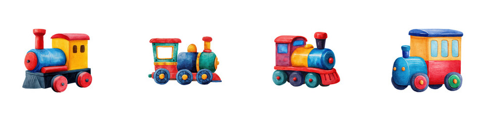 Fototapeta premium Four colorful watercolor toy trains each with unique design and vibrant colors isolate