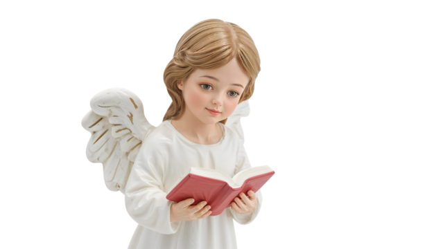Angel figurine reading a book: serene and innocent representation of spirituality and literature
