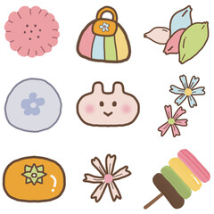 Korea Kawaii Icon Set of Cute Snacks, Flowers, and Accessories – Hand-drawn Style