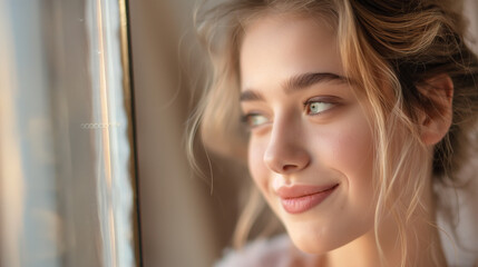 Naklejka premium Smiling young woman with long hair looking out the window, feeling happy and serene