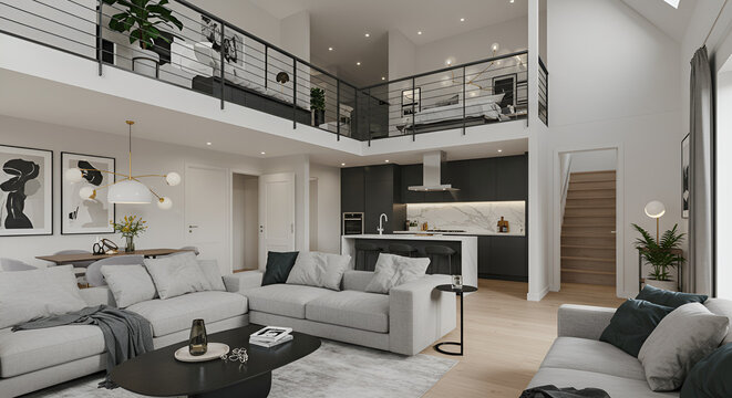 3d rendering. Interior house modern open living space with kitchen.Loft style Duplex apartment residence.Home decoration luxury  interior design.