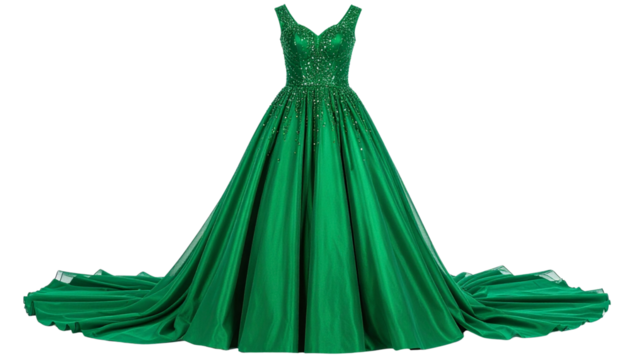 Elegant flowing green evening gown with beaded bodice and tiered skirt design isolated on solid white background in Png 