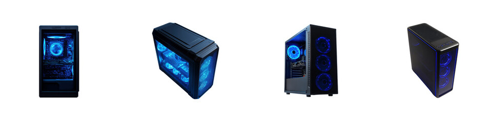Obraz premium Four Gaming Computer Towers With Blue Led Lighting Presented On A Transparent Background Transparent Background