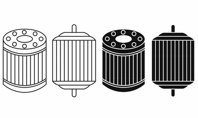 Vector set of car oil filters in outline and silhouette filled styles, front and side views. Perfect for auto parts, mechanical illustrations, repair manuals, or icons.