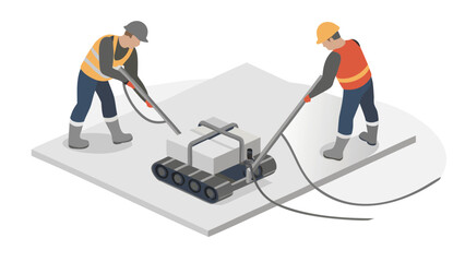 Obraz premium Two construction workers operating machinery on a concrete surface in an isometric illustration