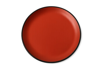 Red ceramic plate with dark rim, featuring clean lines and glossy surface, floating against transparent backdrop for food styling and graphic design purposes