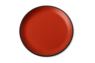Red ceramic plate with dark rim, featuring clean lines and glossy surface, floating against transparent backdrop for food styling and graphic design purposes