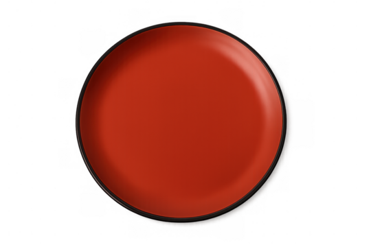Red ceramic plate with dark rim, featuring clean lines and glossy surface, floating against transparent backdrop for food styling and graphic design purposes