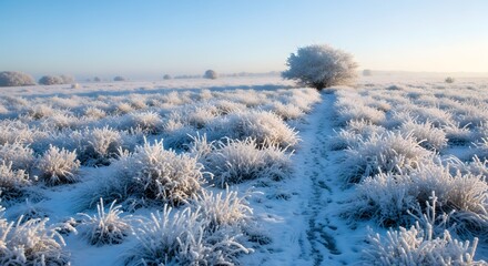 Frozen Field with Tree and Path in Winter Landscape