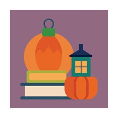 Pumpkin Beside Books and Lantern Fall Design