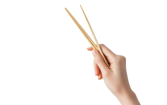 A hand holding wooden chop sticks on white background,png
