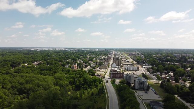 Cinematic footage of the downtown district of St. Thomas Canada, known as the railway city.