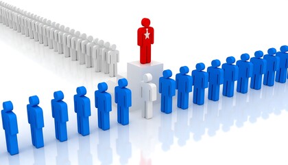 A red figure stands out from a group of figures