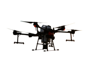 Agricultural technology smart farm concept. Farmer technicians remotely fly agricultural drones to fly to spray fertilizer in fields.