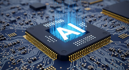 Futuristic AI processor on a computer circuit board, representing advanced digital intelligence and technological automation.