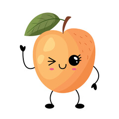 Cute cartoon apricot character with a vibrant leaf and a cheerful winking expression