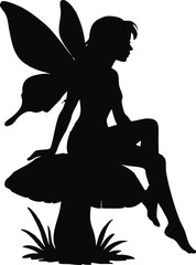 Vector Silhouette of a Fairy Sitting on a Mushroom in a Minimalist Fantasy Scene