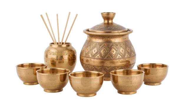 Traditional brass utensils set with intricate patterns  a reflection of cultural heritage and craftsmanship