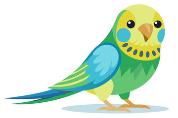 Vector illustration of a vibrant cartoon parakeet, also known as a budgie, featuring bright blue and yellow plumage with green feather detailing.