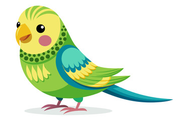 Vector illustration of a vibrant cartoon parakeet, also known as a budgie, featuring bright blue and yellow plumage with green feather detailing.