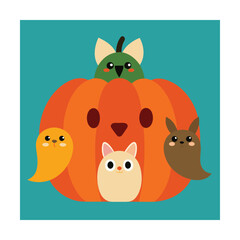Pumpkin with Cute Animal Friends Peeking Out