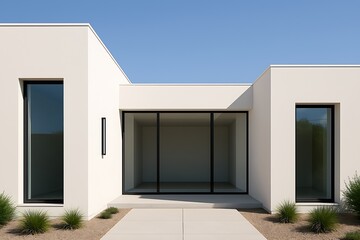 The modern house boasts a minimalist design with clean lines, a striking facade, and a welcoming entrance under a clear blue sky