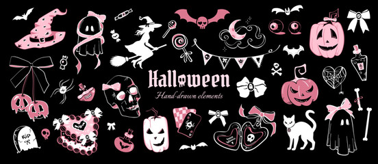 Cute Halloween clipart set in coquette pink and black style. Hand drawn elements include pumpkins, ghosts, skulls, bats, ribbons, cats, candy, potions for stickers, prints, cards and party decorations