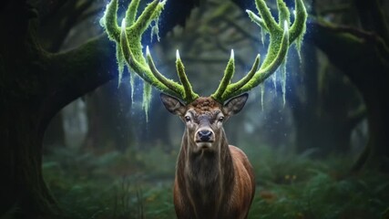 Mystical deer with glowing antlers in a magical forest, fantasy nature scene, animal wildlife concep - Powered by Adobe