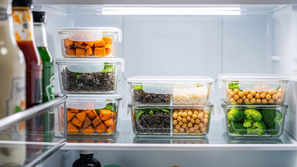 Healthy meal prep containers with diverse ingredients in refrigerator, organized storage of vegetables and grains, efficient food preservation for nutrition and diet planning concept